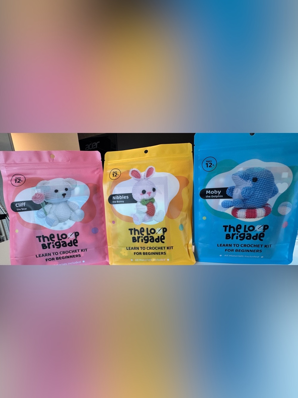 3 Kids Crochet Kits - bear, bunny, dolphin